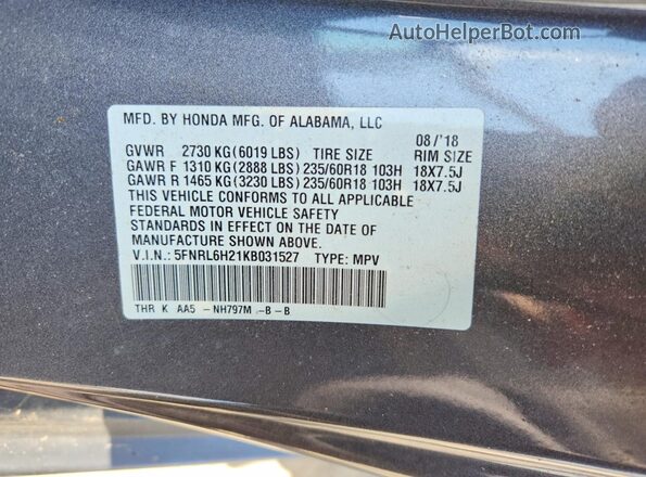 5FNRL6H21KB031527 2019 HONDA ODYSSEY Угольный Вид наклейки с VIN-кодом