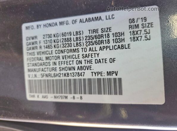 5FNRL6H21KB137847 2019 HONDA ODYSSEY Gray Vista de la etiqueta del VIN