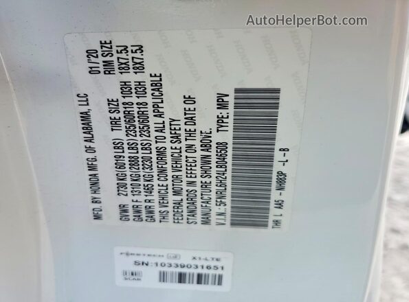 5FNRL6H24LB046508 2020 HONDA ODYSSEY White Vista de la etiqueta del VIN