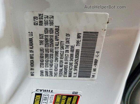 5FNRL6H25LB056089 2020 HONDA ODYSSEY Белый Вид наклейки с VIN-кодом