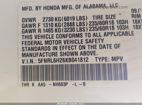 5FNRL6H26KB041812 2019 HONDA ODYSSEY White Շարժիչի բաժամունքի տեսք