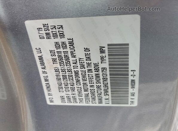 5FNRL6H27KB131759 2019 HONDA ODYSSEY Silver VIN კოდის სტიკერის ხედი