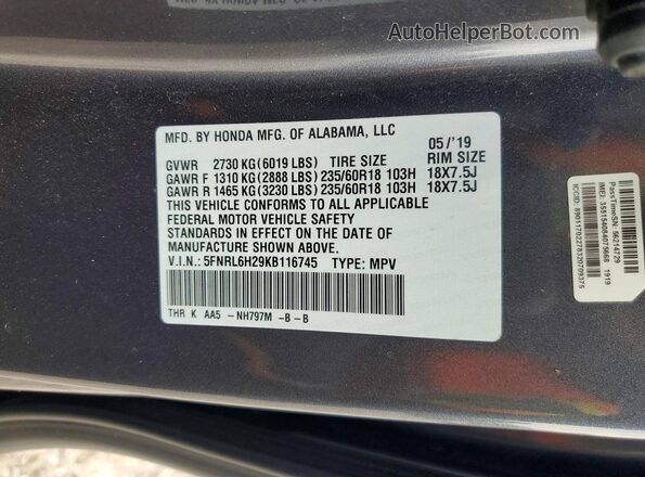 5FNRL6H29KB116745 2019 HONDA ODYSSEY Gray Vista de la etiqueta del VIN