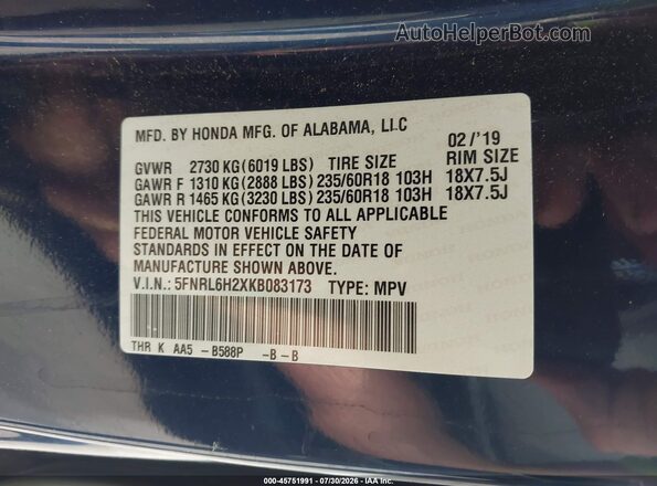 5FNRL6H2XKB083173 2019 HONDA ODYSSEY Blue Widok komory silnika