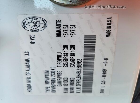 5FNRL6H46LB503952 2020 HONDA ODYSSEY White VIN sticker view