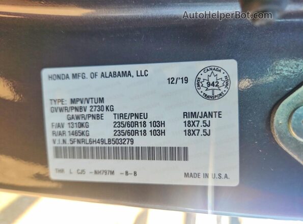 5FNRL6H49LB503279 2020 HONDA ODYSSEY Gray Widok naklejki z numerem VIN
