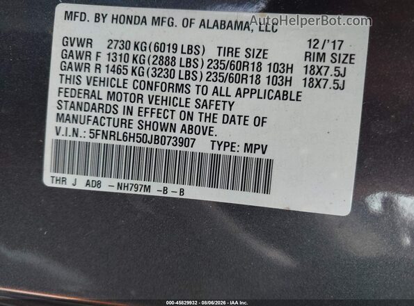5FNRL6H50JB073907 2018 HONDA ODYSSEY Gray Engine compartment view