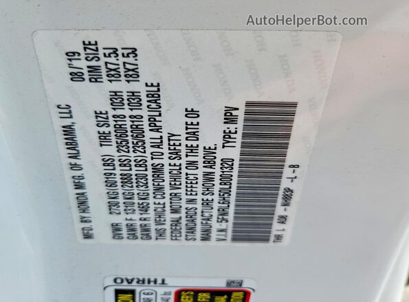 5FNRL6H50LB001320 2020 HONDA ODYSSEY White Вид наклейки з VIN-кодом