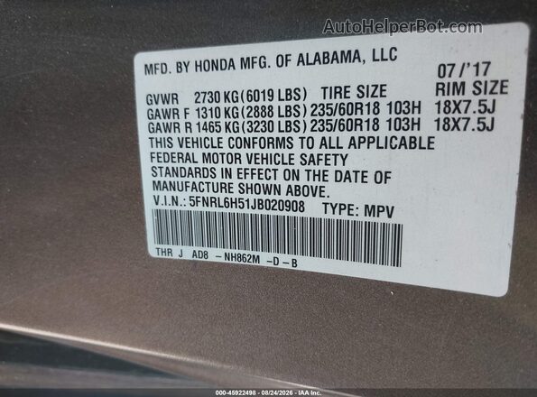 5FNRL6H51JB020908 2018 HONDA ODYSSEY Gray Вид підкапотного простору