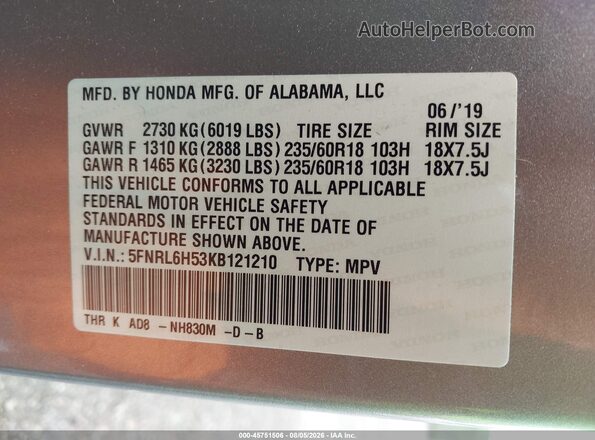 5FNRL6H53KB121210 2019 HONDA ODYSSEY Серебряный Вид подкапотного пространства