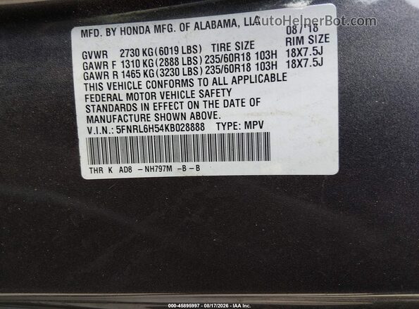 5FNRL6H54KB028888 2019 HONDA ODYSSEY Gray Engine compartment view