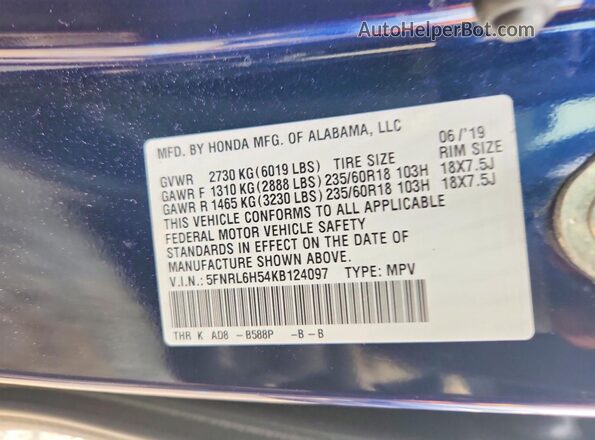 5FNRL6H54KB124097 2019 HONDA ODYSSEY Blue VIN կոդի պիտակի տեսք