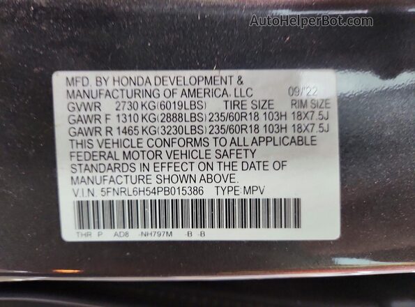 5FNRL6H54PB015386 2023 HONDA ODYSSEY Gray VIN կոդի պիտակի տեսք