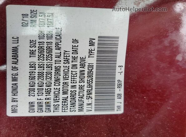 5FNRL6H55JB094381 2018 HONDA ODYSSEY Maroon VIN կոդի պիտակի տեսք