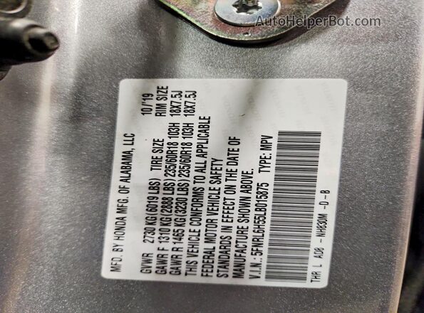 5FNRL6H55LB015875 2020 HONDA ODYSSEY Silver VIN კოდის სტიკერის ხედი