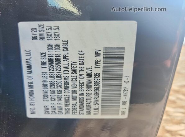 5FNRL6H56LB069735 2020 HONDA ODYSSEY Black VIN կոդի պիտակի տեսք