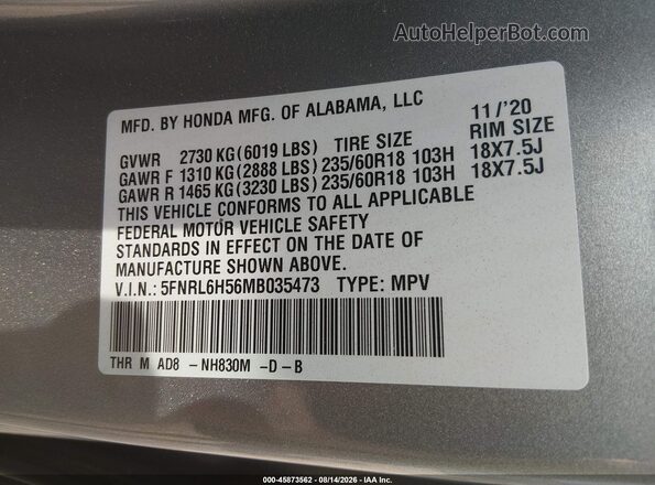 5FNRL6H56MB035473 2021 HONDA ODYSSEY Silver Vista del compartimento del motor