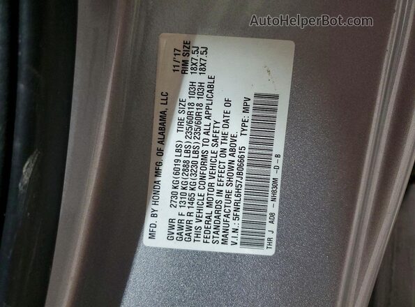 5FNRL6H57JB066615 2018 HONDA ODYSSEY Silver Widok naklejki z numerem VIN