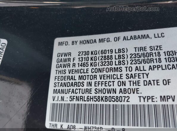 5FNRL6H58KB058072 2019 HONDA ODYSSEY Black Շարժիչի բաժամունքի տեսք