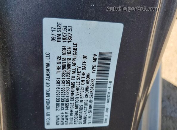 5FNRL6H59JB042283 2018 HONDA ODYSSEY Gray VIN კოდის სტიკერის ხედი