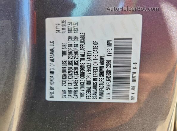5FNRL6H59KB102080 2019 HONDA ODYSSEY Gray Vista de la etiqueta del VIN