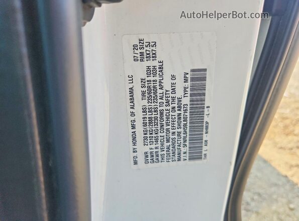 5FNRL6H59LB071673 2020 HONDA ODYSSEY White Вид наклейки з VIN-кодом