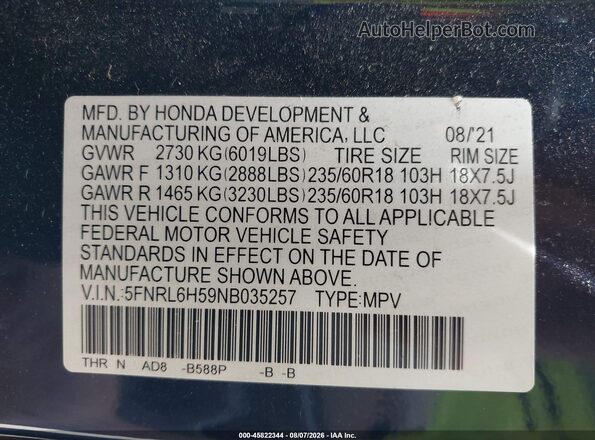 5FNRL6H59NB035257 2022 HONDA ODYSSEY Navy Вид підкапотного простору