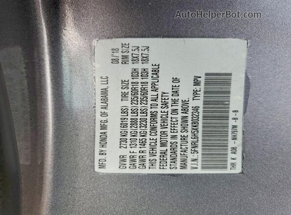 5FNRL6H5XKB032346 2019 HONDA ODYSSEY Gray Vista de la etiqueta del VIN