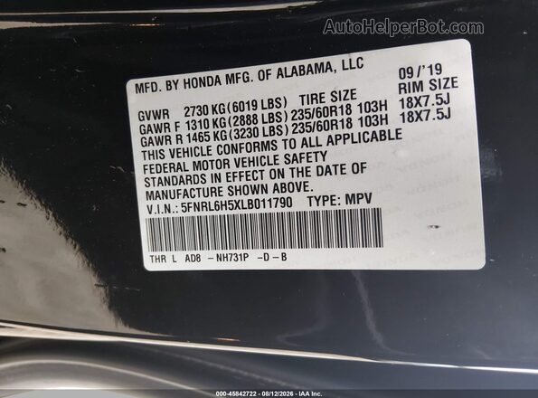 5FNRL6H5XLB011790 2020 HONDA ODYSSEY Черный Вид подкапотного пространства