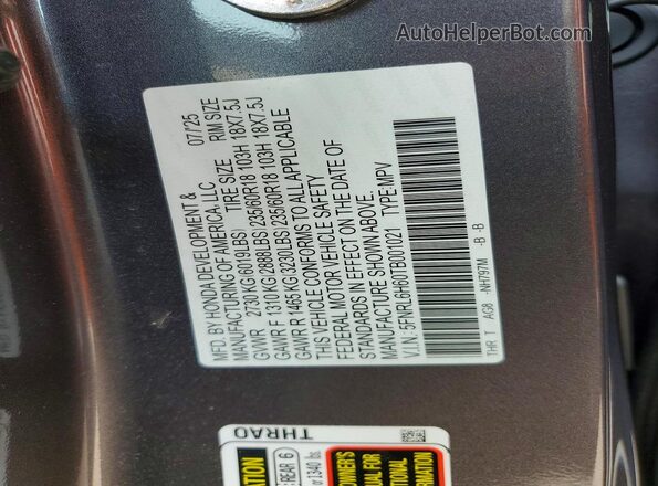 5FNRL6H60TB001021 2026 HONDA ODYSSEY Gray VIN sticker view