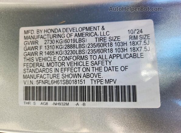 5FNRL6H61SB018151 2025 HONDA ODYSSEY Silver Вид підкапотного простору
