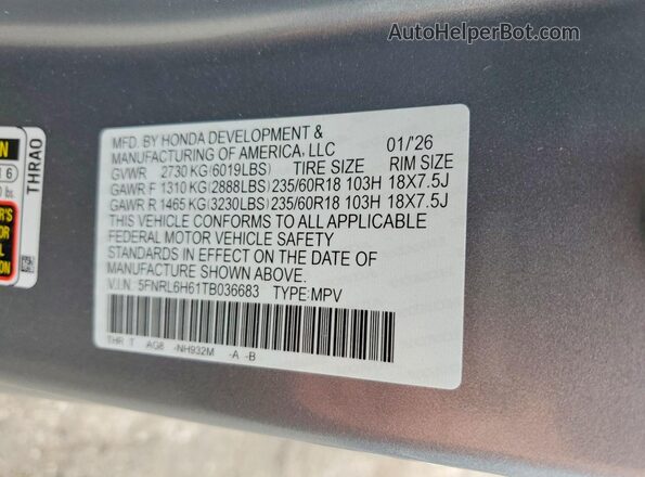 5FNRL6H61TB036683 2026 HONDA ODYSSEY Серебряный Вид наклейки с VIN-кодом