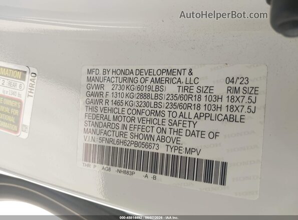 5FNRL6H62PB056673 2023 HONDA ODYSSEY White ძრავის განყოფილების ხედი