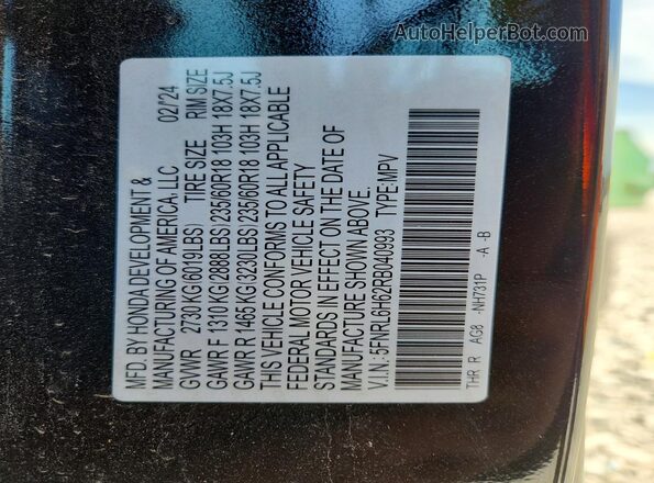 5FNRL6H62RB040993 2024 HONDA ODYSSEY Черный Вид наклейки с VIN-кодом