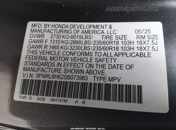 5FNRL6H62SB073983 2025 HONDA ODYSSEY Gray Շարժիչի բաժամունքի տեսք