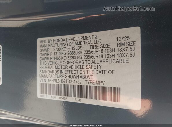 5FNRL6H62TB031752 2026 HONDA ODYSSEY Blue ძრავის განყოფილების ხედი