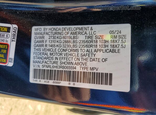 5FNRL6H63RB065594 2024 HONDA ODYSSEY Blue VIN კოდის სტიკერის ხედი
