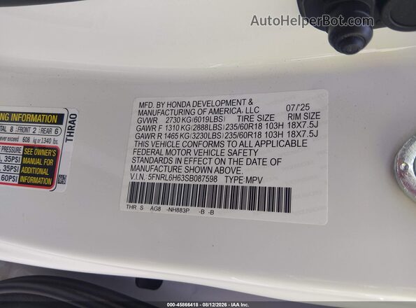 5FNRL6H63SB087598 2025 HONDA ODYSSEY White Engine compartment view