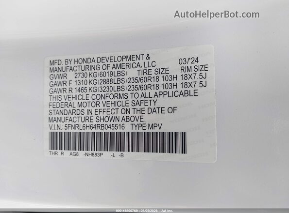 5FNRL6H64RB045516 2024 HONDA ODYSSEY White Вид підкапотного простору