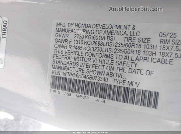 5FNRL6H64SB073340 2025 HONDA ODYSSEY White Widok komory silnika