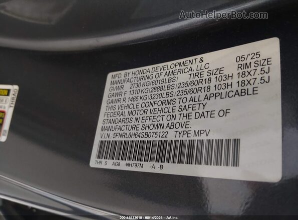5FNRL6H64SB075122 2025 HONDA ODYSSEY Gray Vista del compartimento del motor