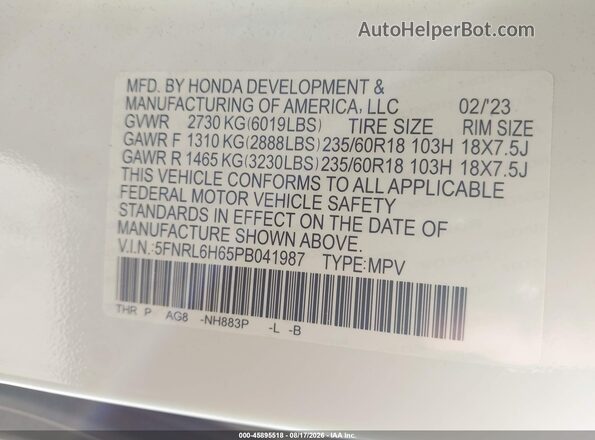 5FNRL6H65PB041987 2023 HONDA ODYSSEY White Widok komory silnika