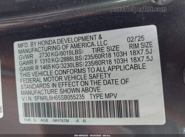5FNRL6H65SB055235 2025 HONDA ODYSSEY Gray Вид підкапотного простору