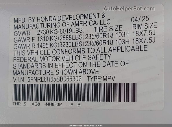 5FNRL6H65SB066302 2025 HONDA ODYSSEY White Vista del compartimento del motor