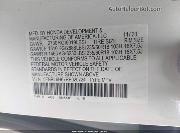 5FNRL6H67RB020724 2024 HONDA ODYSSEY White ძრავის განყოფილების ხედი