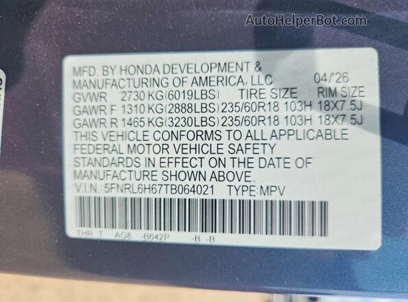 5FNRL6H67TB064021 2026 HONDA ODYSSEY Синий Вид наклейки с VIN-кодом