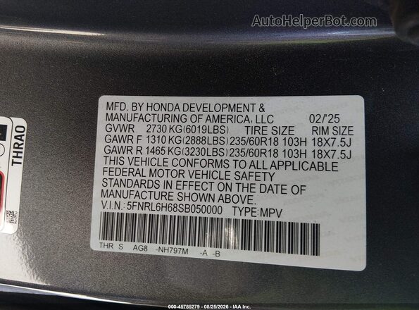 5FNRL6H68SB050000 2025 HONDA ODYSSEY Gray Widok komory silnika