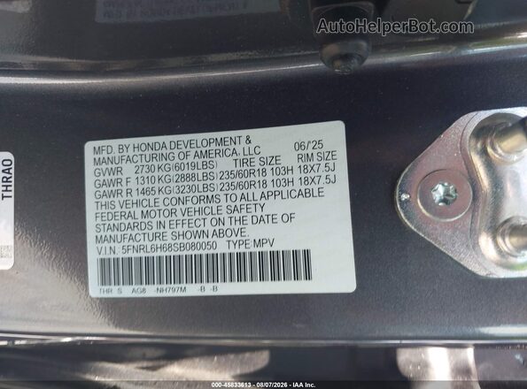 5FNRL6H68SB080050 2025 HONDA ODYSSEY Gray Вид підкапотного простору