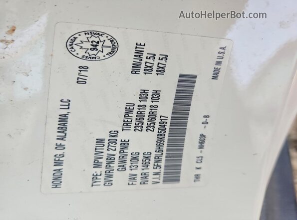 5FNRL6H69KB504917 2019 HONDA ODYSSEY Белый Вид наклейки с VIN-кодом