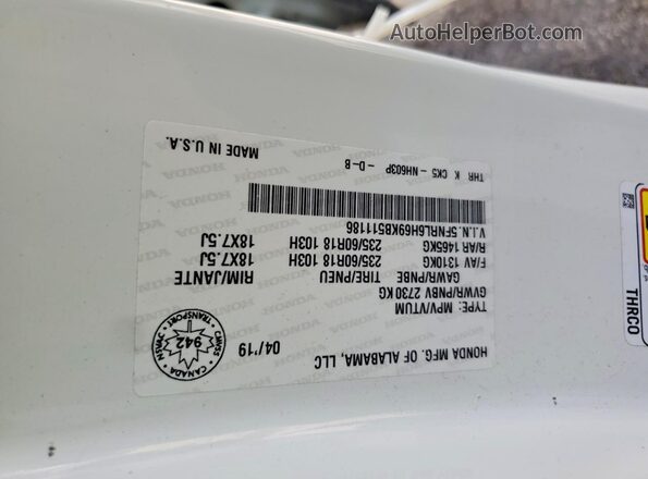 5FNRL6H69KB511186 2019 HONDA ODYSSEY White VIN კოდის სტიკერის ხედი